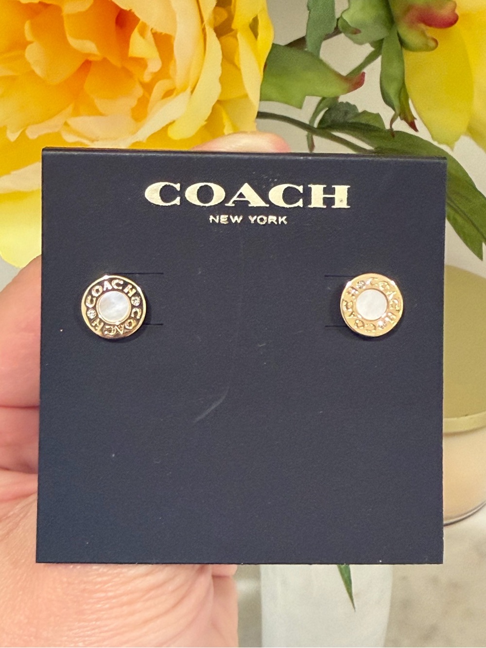 Coach Gold-Tone Mother-of-Pearl Round Logo Stud Earrings - Picture 2 of 6